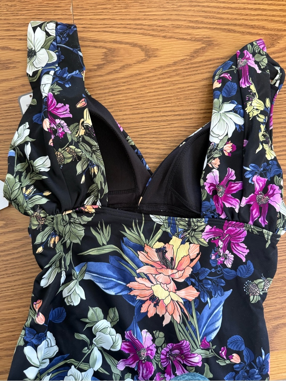 Black Floral Multi Color Swimsuit, Full Coverage, high back, Wide Straps, NWT - Picture 5 of 16
